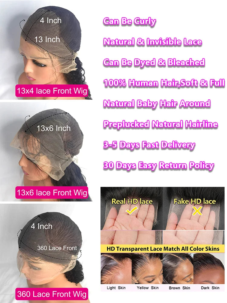 30–36 Inch Deep Wave Lace Front Wig | 13x4 13x6 360 HD Lace Water Wave Curly Human Hair for Women