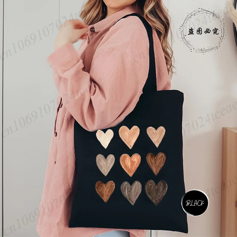 Harajuku Watercolor Heart Print Canvas Shopper Bag – Large Capacity Minimalist Shoulder Bag for Women