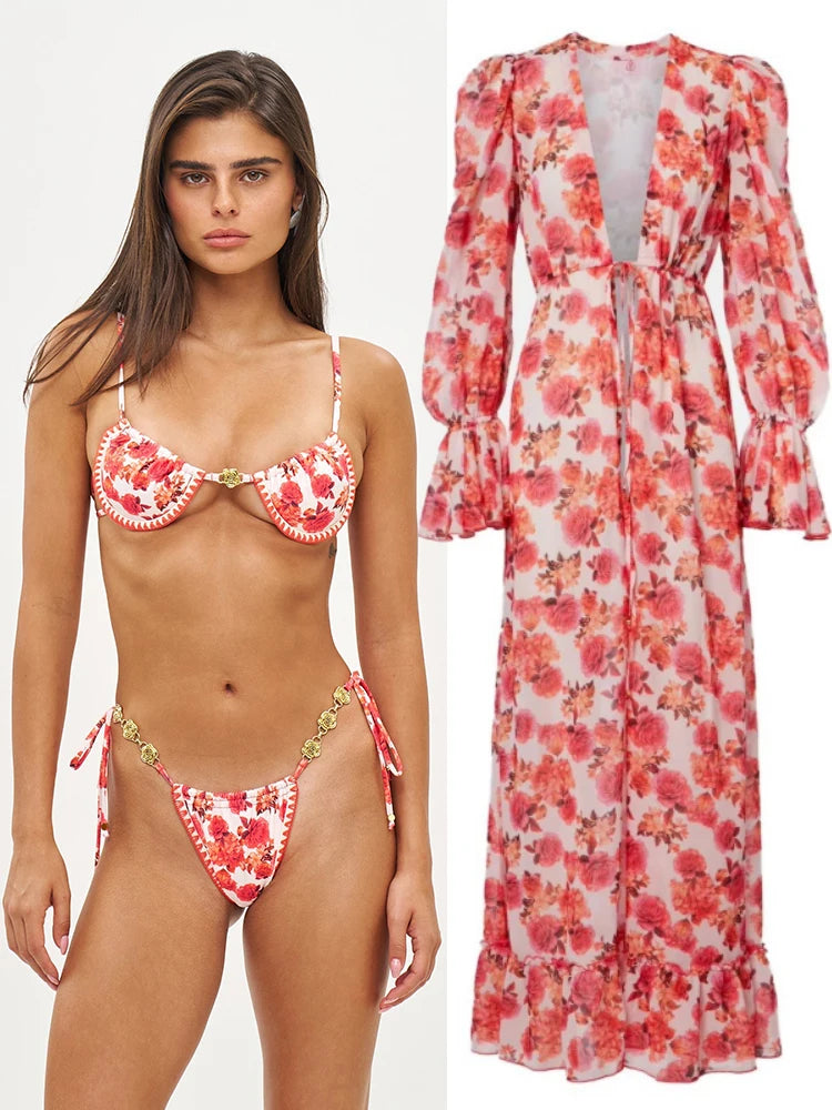 Long Dress Bikini Cover Up | Print Mesh Swimwear, Sexy Floral, Bandage Detail, S-XL