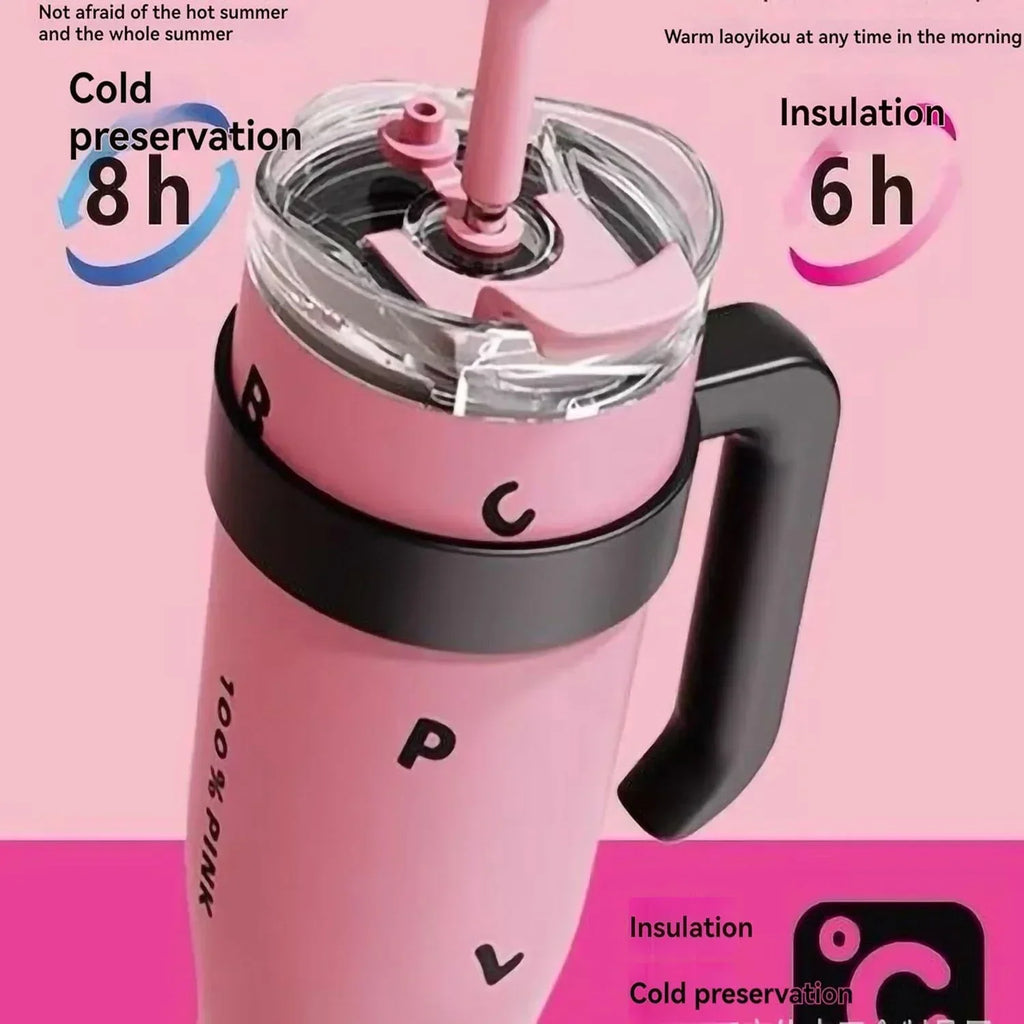 1200ml Stainless Steel Vacuum Insulated Tumbler with Straw – 6–12Hr Thermal, CIQ Certified, Outdoor & Travel, Pink & Black