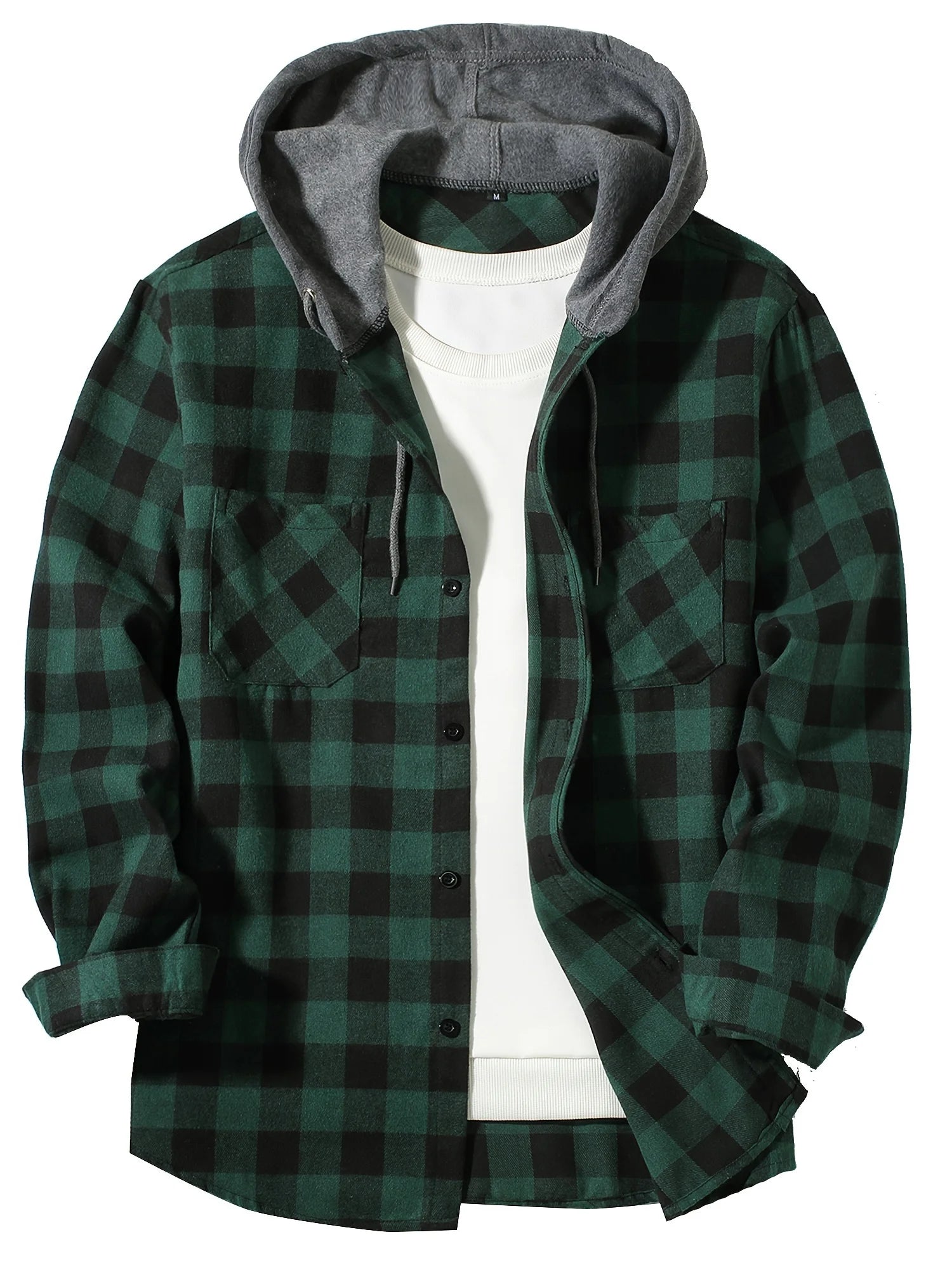 Men's Plaid Hooded Long Sleeve Shirt — Casual Flannel-Style Shirt Jacket