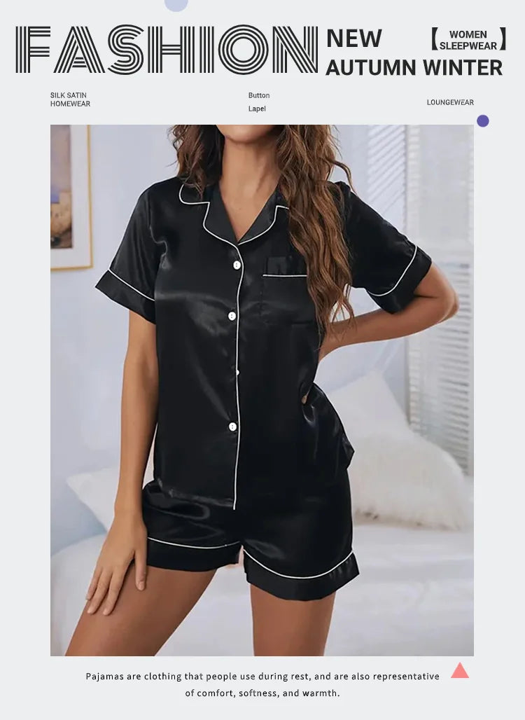 Women's Satin Button Down Pajama Set | 2-Piece Silk Sleepwear Top & Shorts