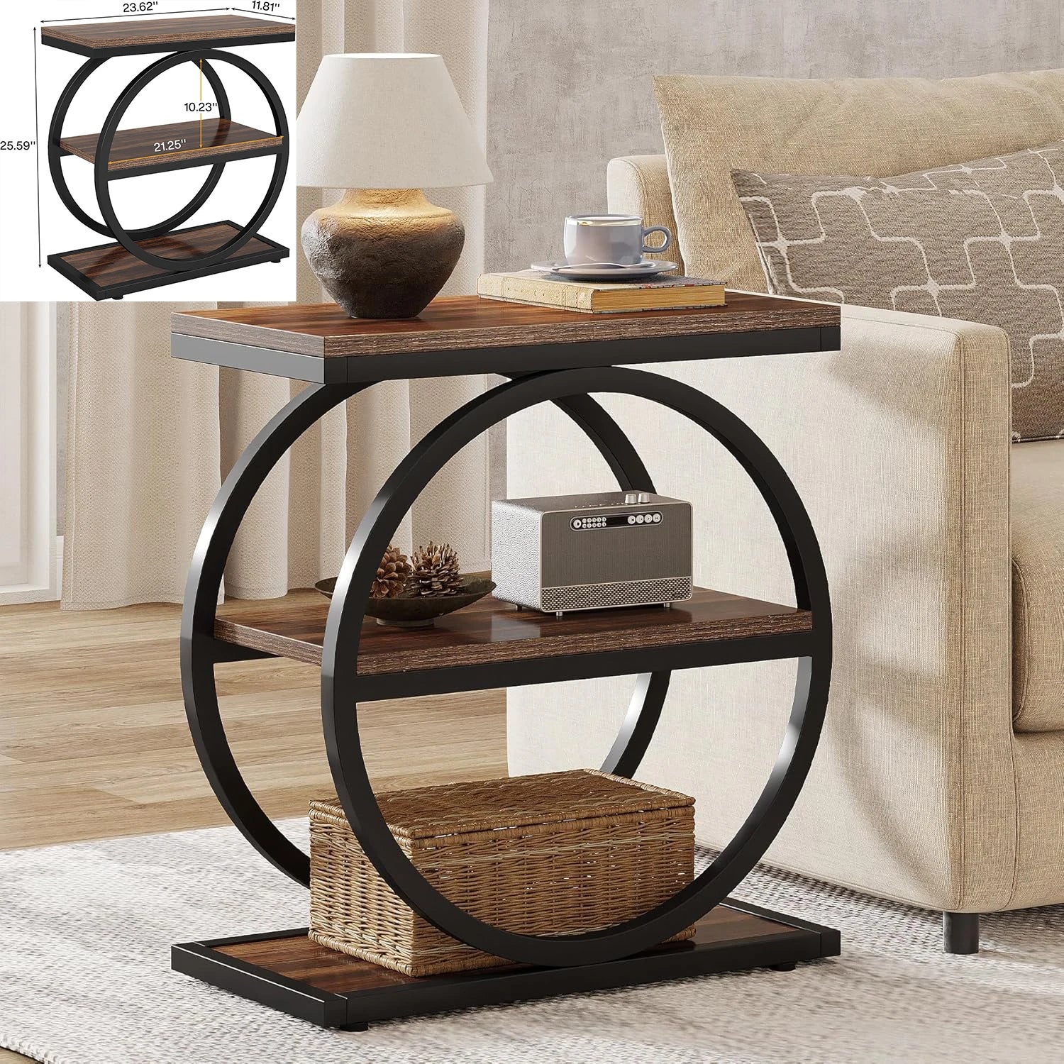 3-Tier Narrow End Table with Storage — Wood & Geometric Metal Frame