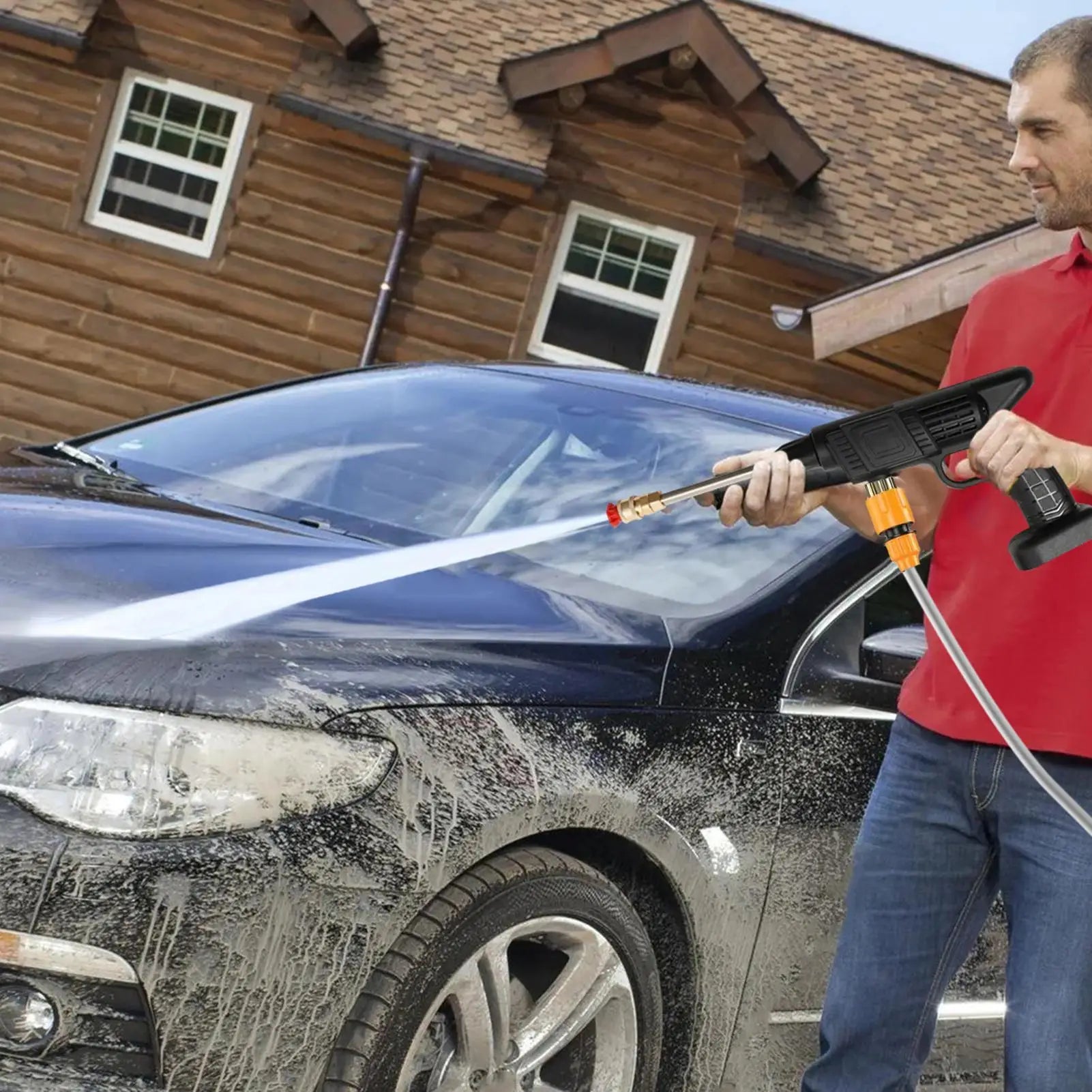 Cordless High-Pressure Washer Gun – 3-Level Pressure, 5–8m Spray Range, Car Wash & Garden Cleaning (EU Plug)