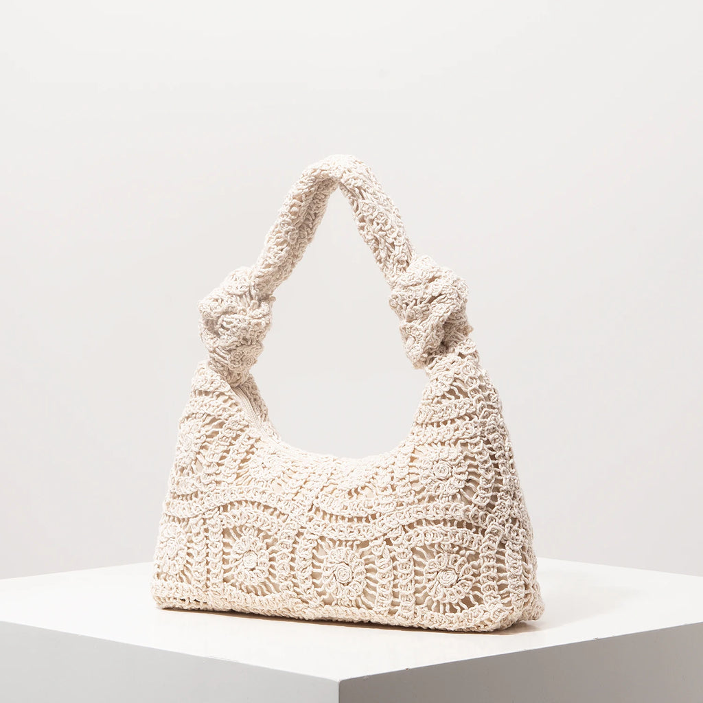 Boho Floral Half-Moon Beach Bag – Hollow-Out Polyester Shoulder Bag for Women