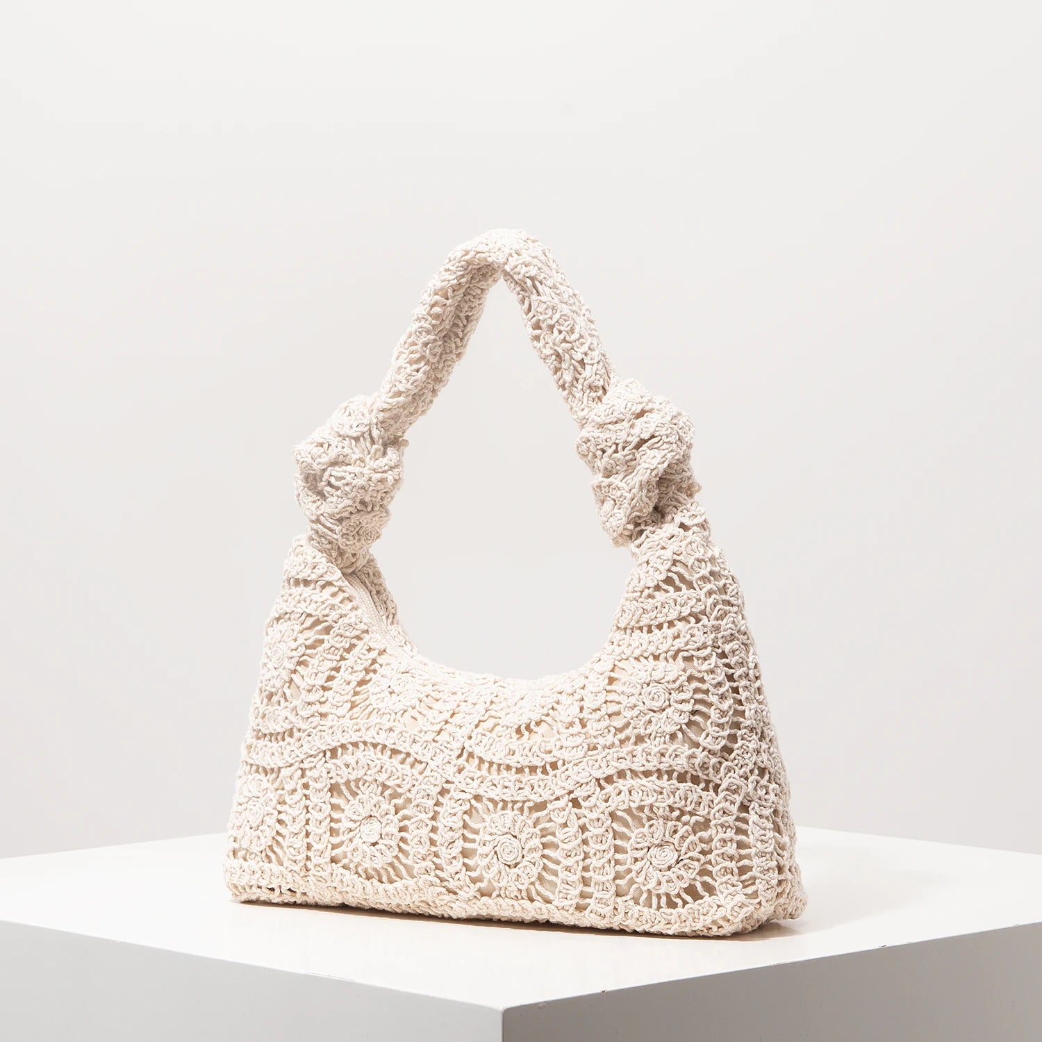 Boho Floral Half-Moon Beach Bag – Hollow-Out Polyester Shoulder Bag for Women
