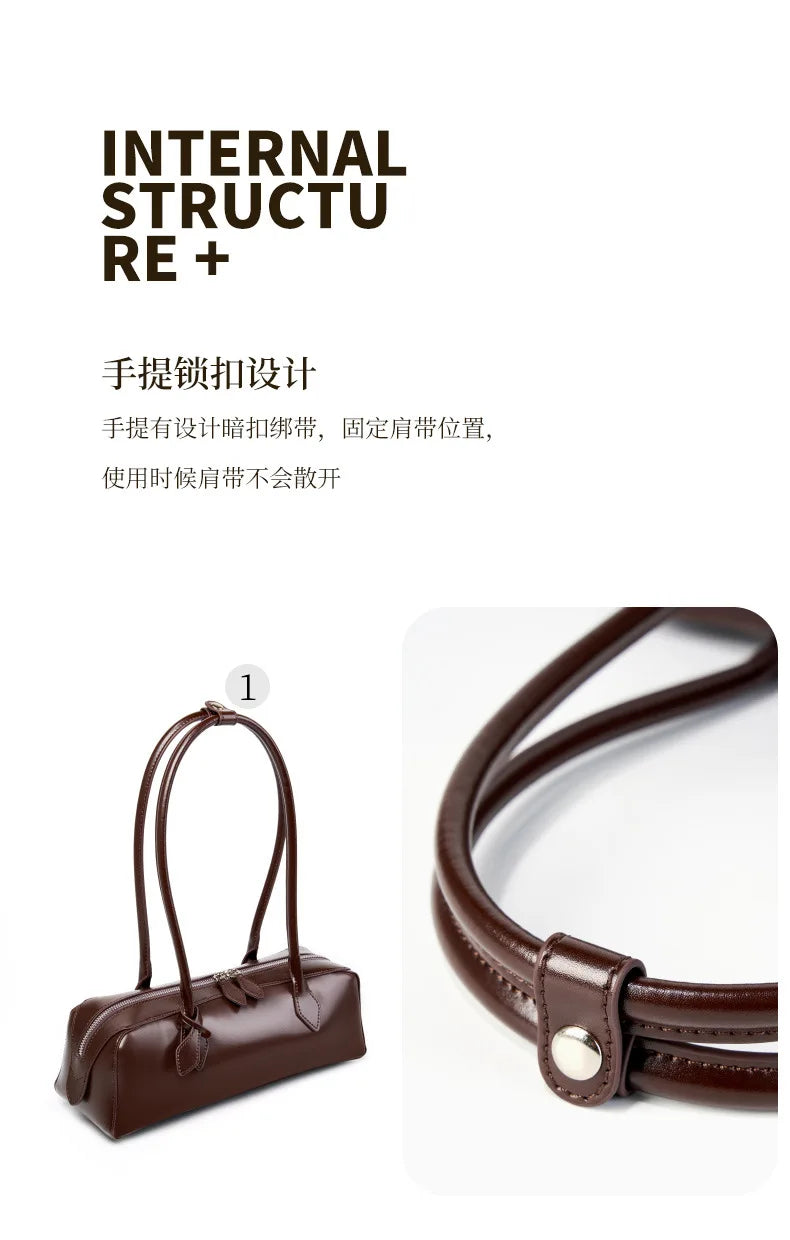 Vintage Genuine Leather Baguette Shoulder Bag – Korean Luxury Underarm Handbag for Women