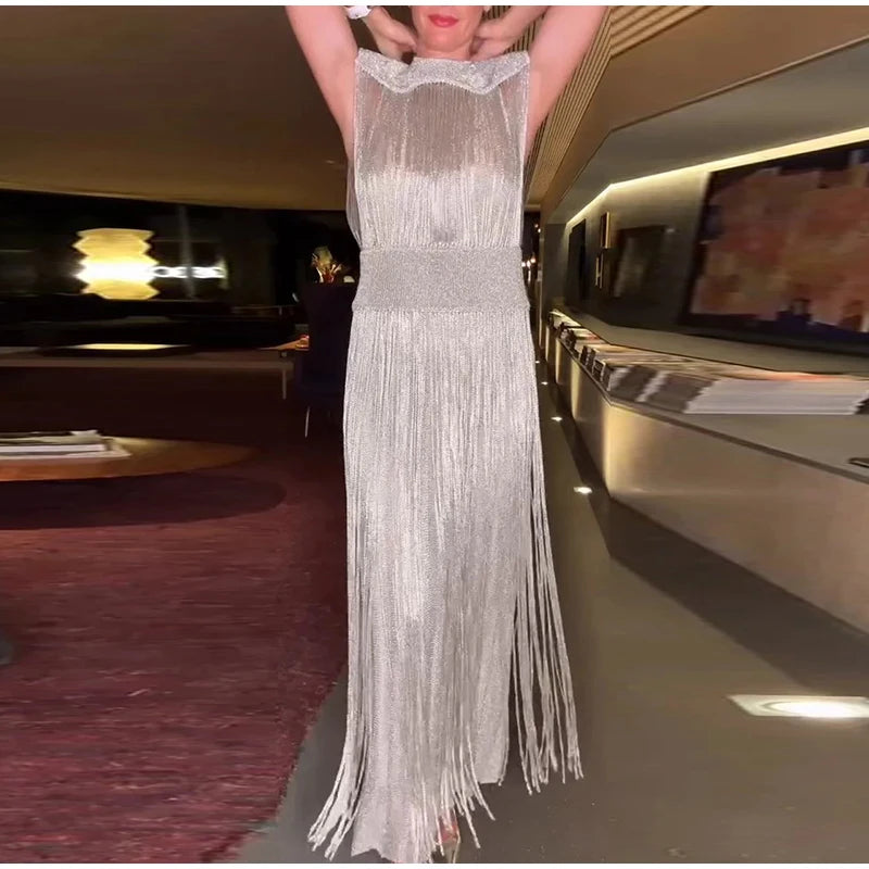 Sequin Tassel Evening Dress — Sleeveless O-Neck High Waist Slim Long Party Dress