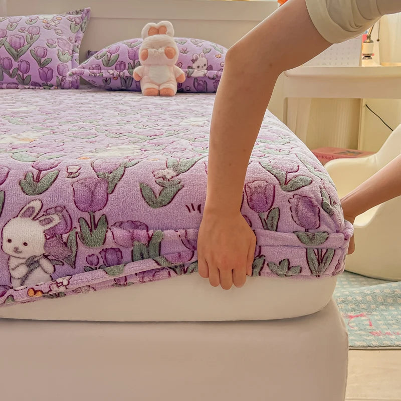 Flannel Fleece Fitted Bed Sheet – Warm Cartoon Purple, Elastic Single to King, Winter Bedsheet