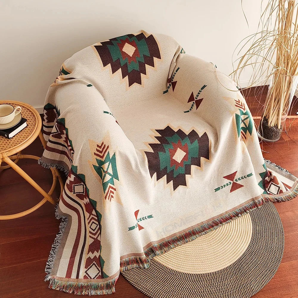 Aztec Oversized Boho Throw Blanket with Fringe — Southwestern Geometric Woven Tapestry for Couch, Bed & Decor