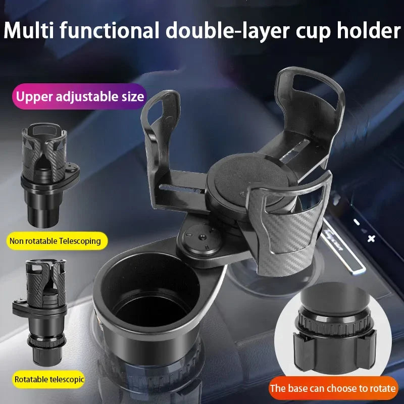 Multi-functional double-layer cup holder with adjustable size and telescoping features on a dark background.