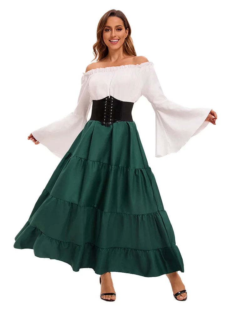 Medieval Renaissance Costume Dress — Off-Shoulder Victorian Queen Outfit with Waist Corset