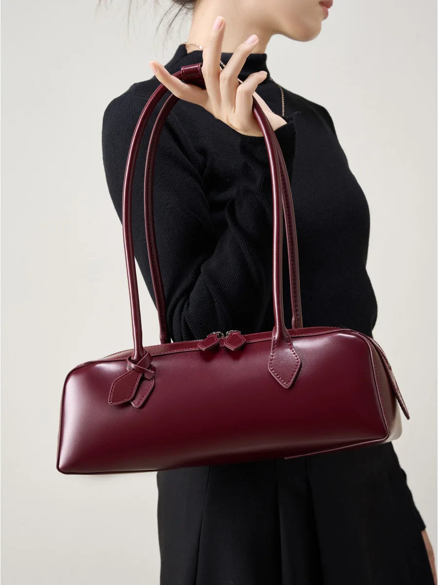 Vintage Genuine Leather Baguette Shoulder Bag – Korean Luxury Underarm Handbag for Women