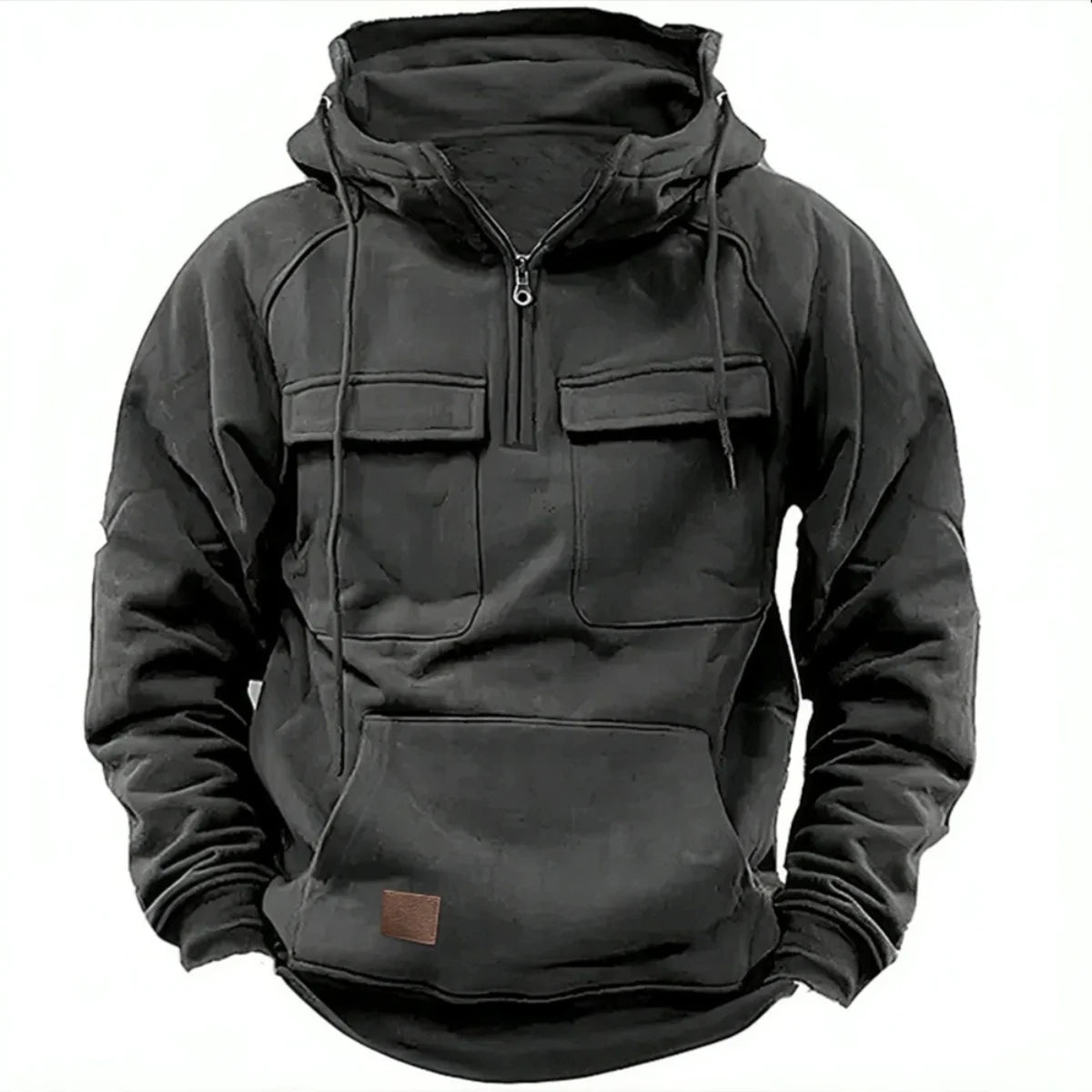 Men's Multi-Pocket Patch Hoodie Pullover — Casual Solid Color Hooded Shirt