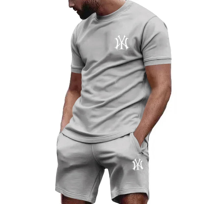 Men's Print Short Sleeve T-Shirt & Drawstring Shorts Running Fitness Set