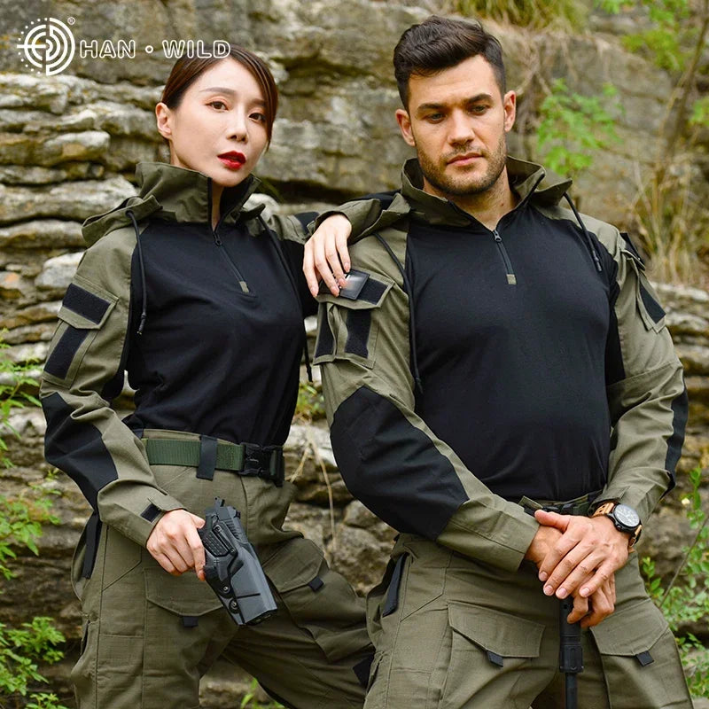 Men's Tactical Combat Suit – Camo Hooded Shirt & Cargo Pants with Pads