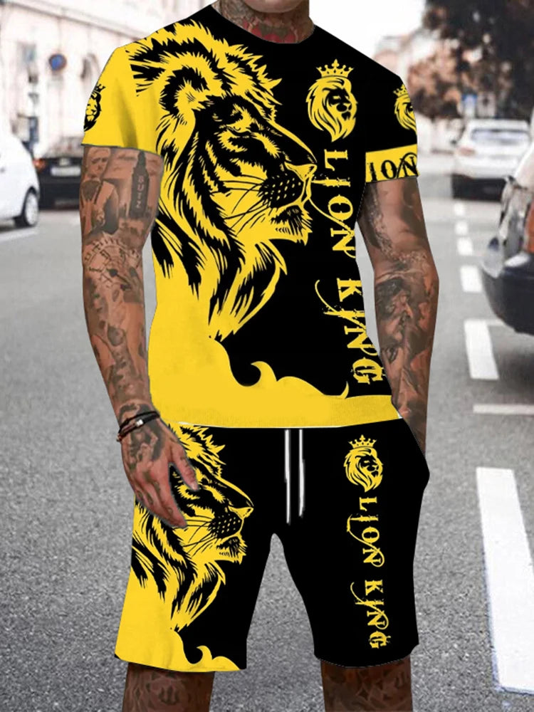Men's Lion King 3D Print T-Shirt & Drawstring Shorts Set – Casual Outdoor Camping 2-Piece