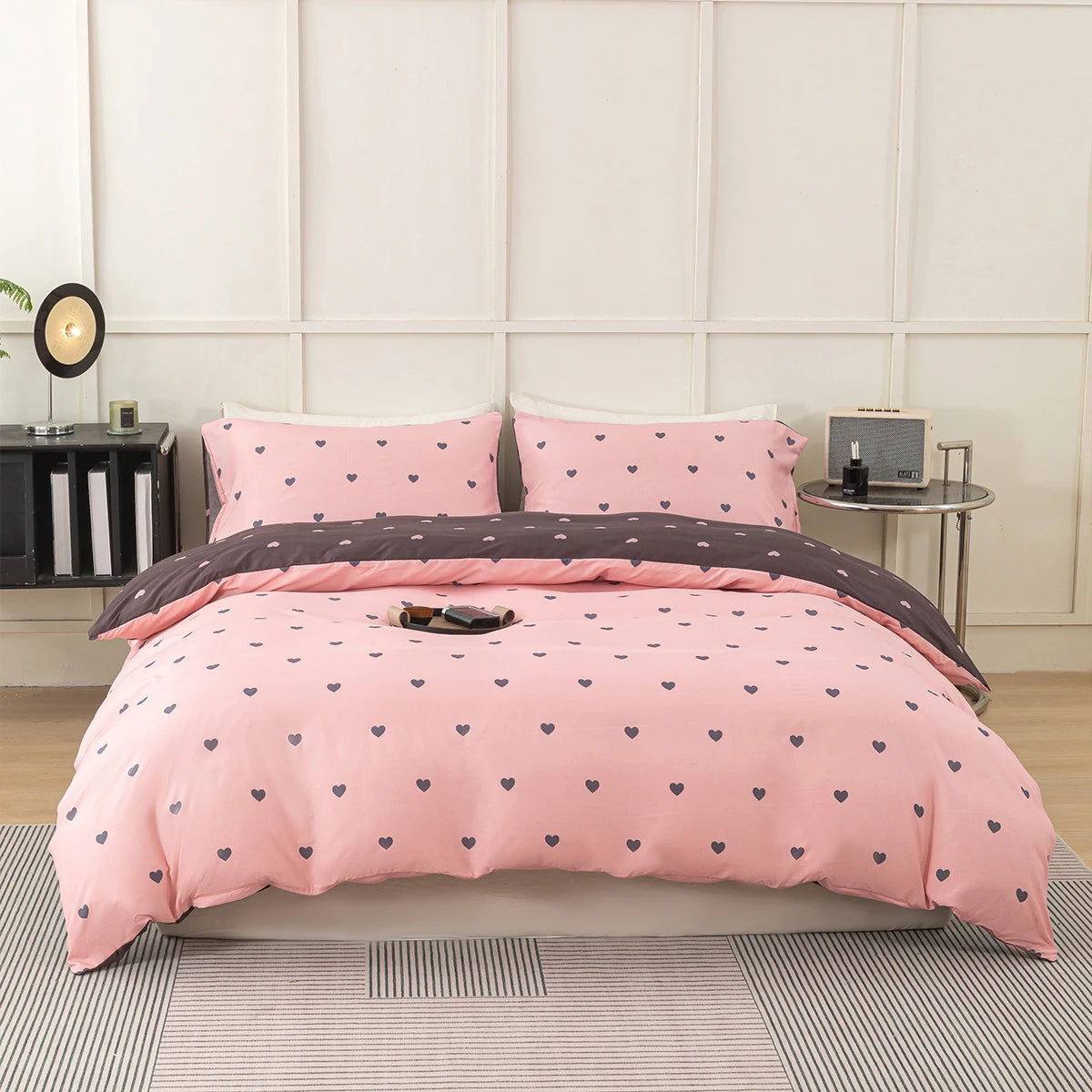 Heart Print Duvet Cover Set – Soft 3-Piece Bedding with 2 Pillowcases, 3 Colors & 11 Sizes