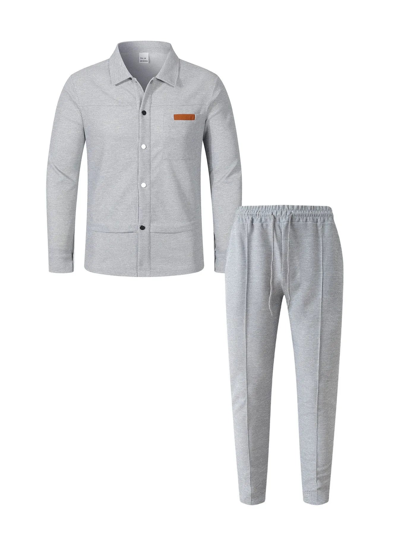 Men's Waffle Knit Button-Down Long Sleeve Jacket & Pants Set – Plain Color Casual Suit
