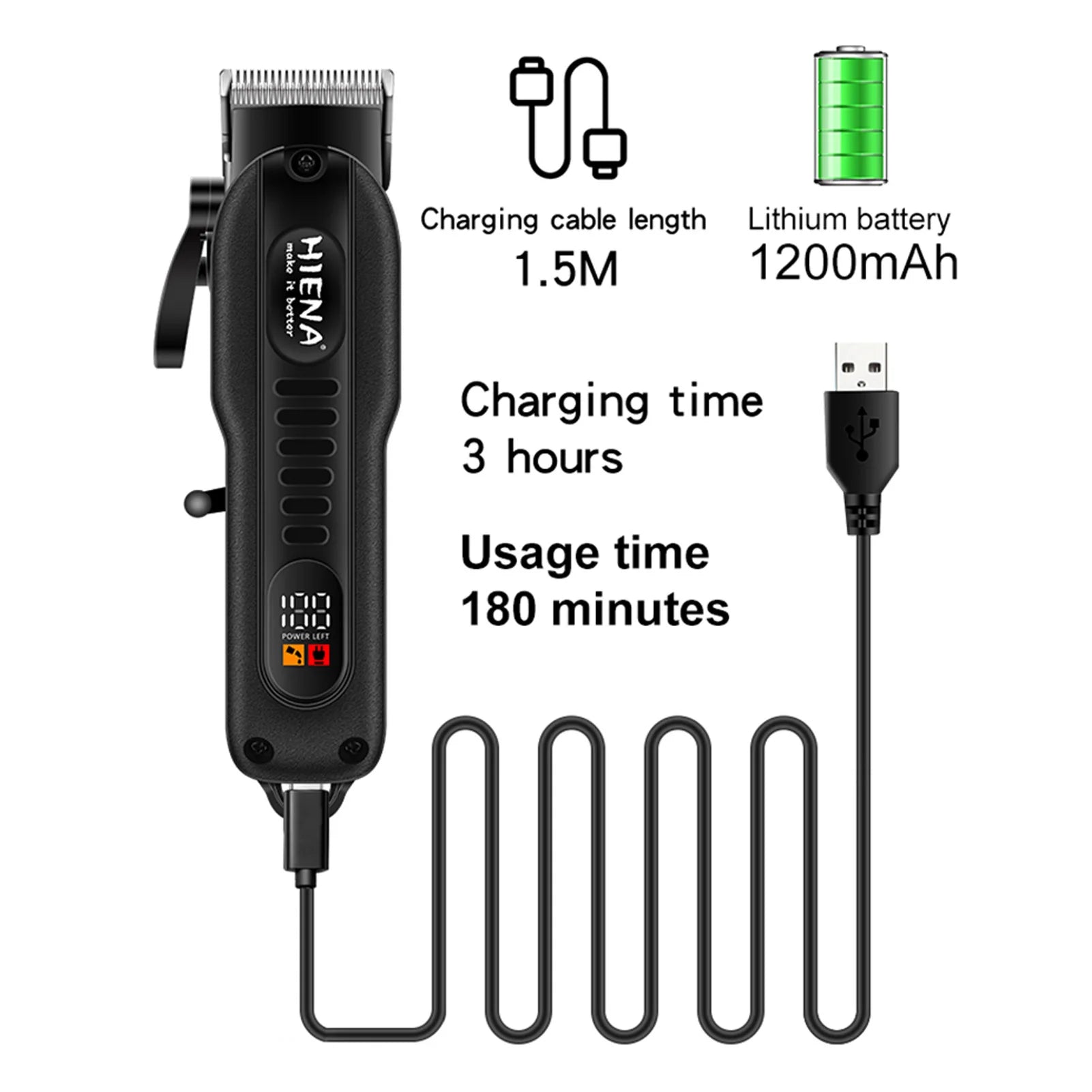 HYN-222 Professional Hair Clipper – Rechargeable, Stainless Steel Blade, 180-Min Battery, Washable Head