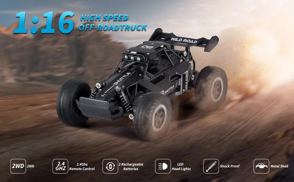 A 1:16 scale black remote control off-road truck racing on a dusty dirt track, with feature icons and text overlays at the bottom and top.