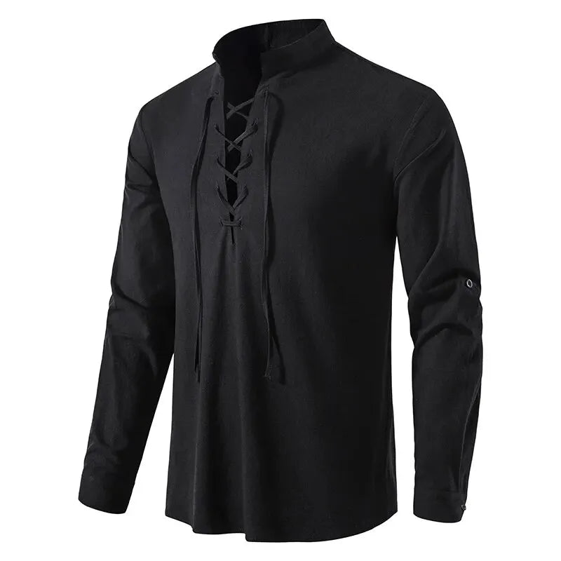 Men's Cotton Linen Drawstring Long Sleeve Shirt — Vintage Casual US Size Top