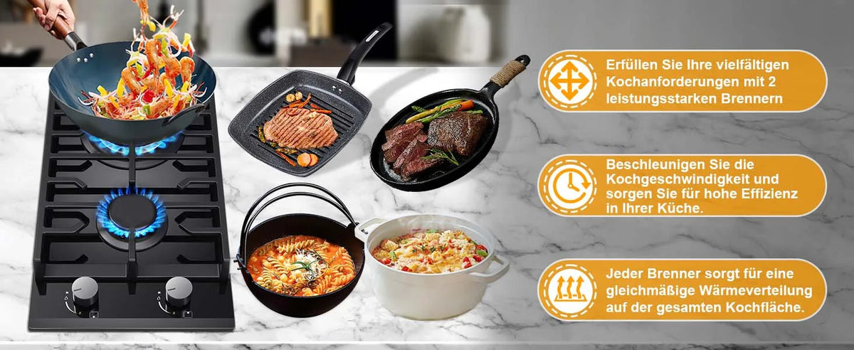 EU Certified 2-Burner Gas Hob – 30cm Tempered Glass, Dual Fuel NG/LPG, 5200W, Flame Failure Safety, Black