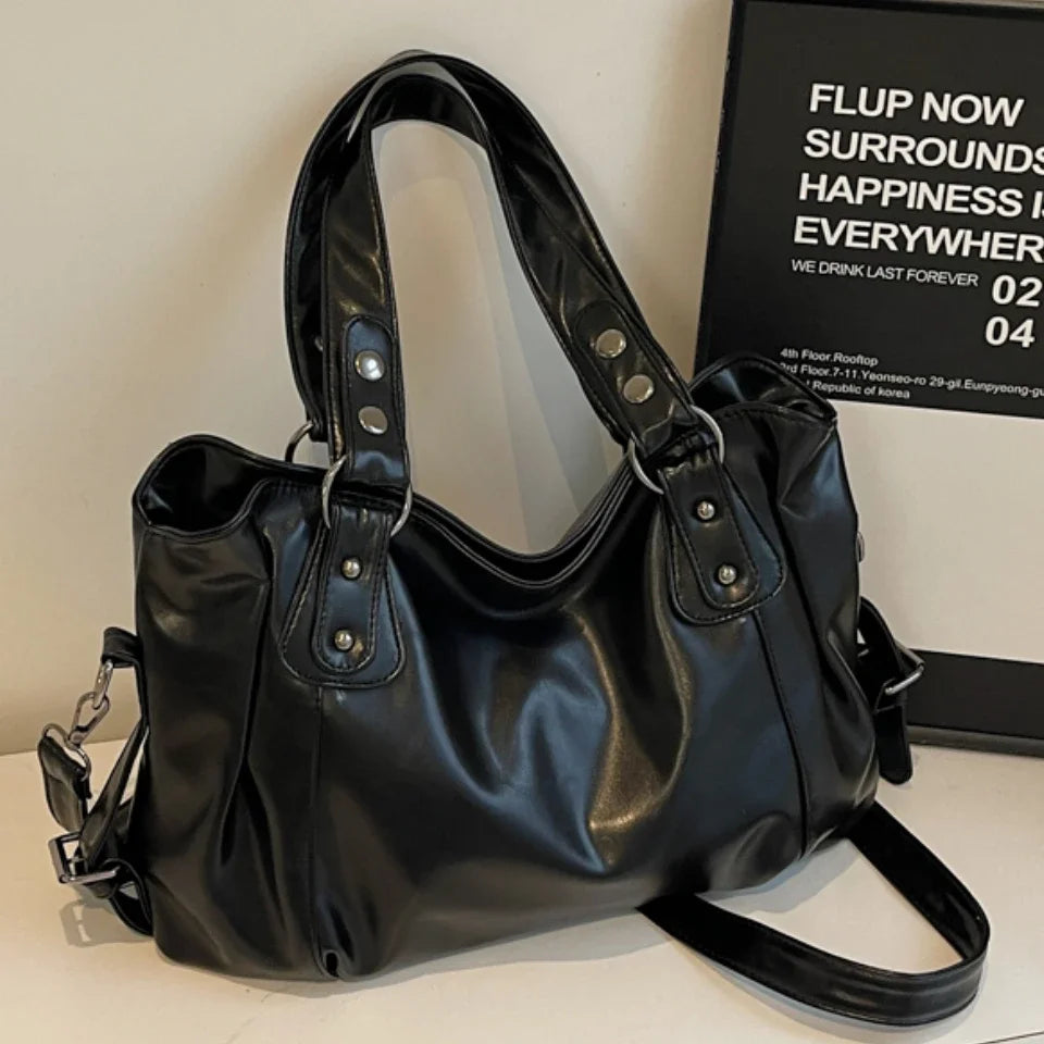 Retro Luxury PU Leather Tote Bag – Large Capacity Solid Color Crossbody Shoulder Bag for Women