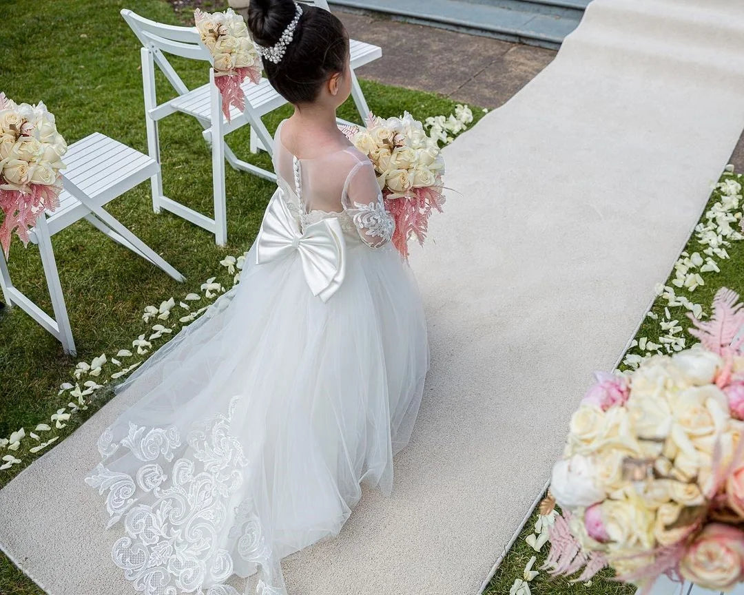 Long Sleeve Flower Girl Dress — White Lace Tulle First Communion & Bridesmaid Dress