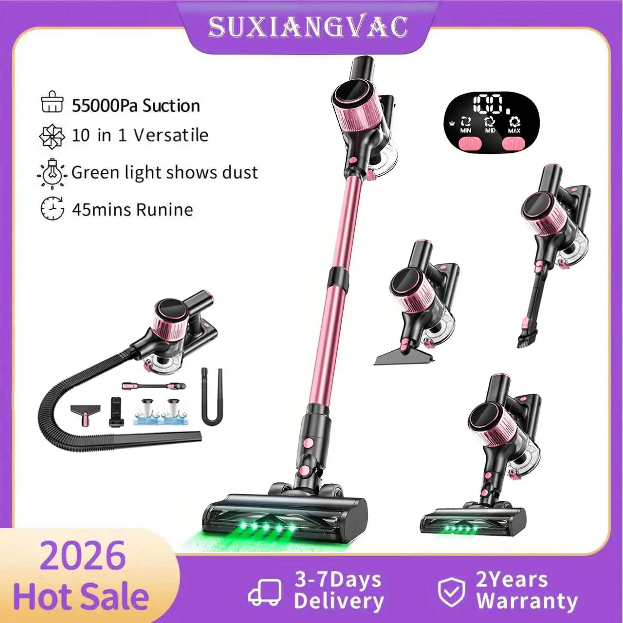 Cordless Vacuum Cleaner — 55Kpa / 500W / 45-Min Runtime, 10-in-1 Powerful Stick Vacuum for Home, Pet Hair, Hard Floor & Carpet