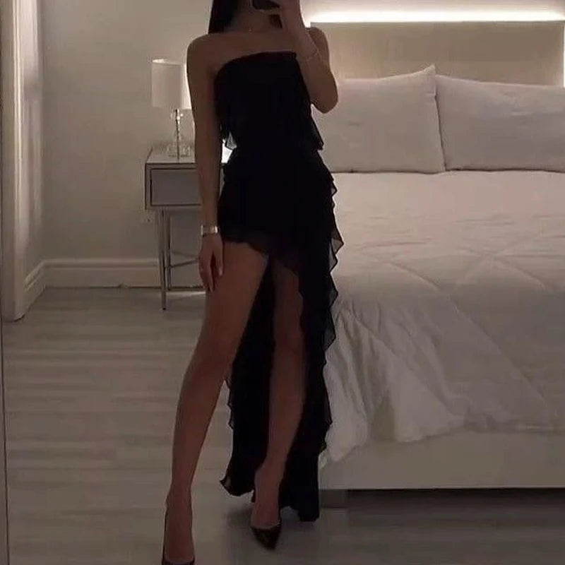 Women's Strapless Floral Fold High Slit Mini Dress – Backless Sleeveless Party Dress in Black & Pink