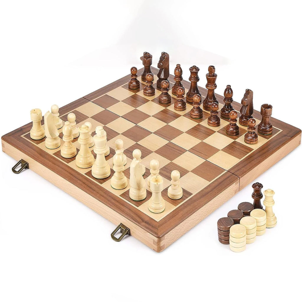 15-Inch Wooden Chess & Checkers Set – 2-in-1 Classic Board Game, Weighted Pieces, 2 Extra Queens & 24 Checkers