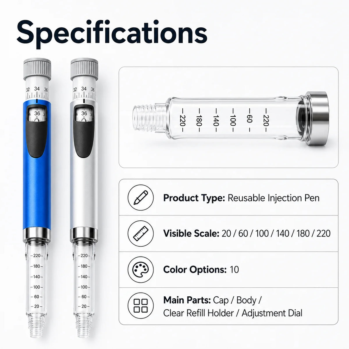 Reusable Insulin Injection Pen – Metal V2 Adjustable 60IU Dose Control with Clear Scale