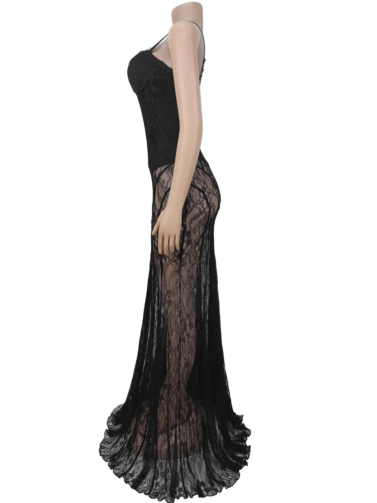 Sheer Lace Floral Bodysuit Dress — Strapless Mesh Night Out Gown