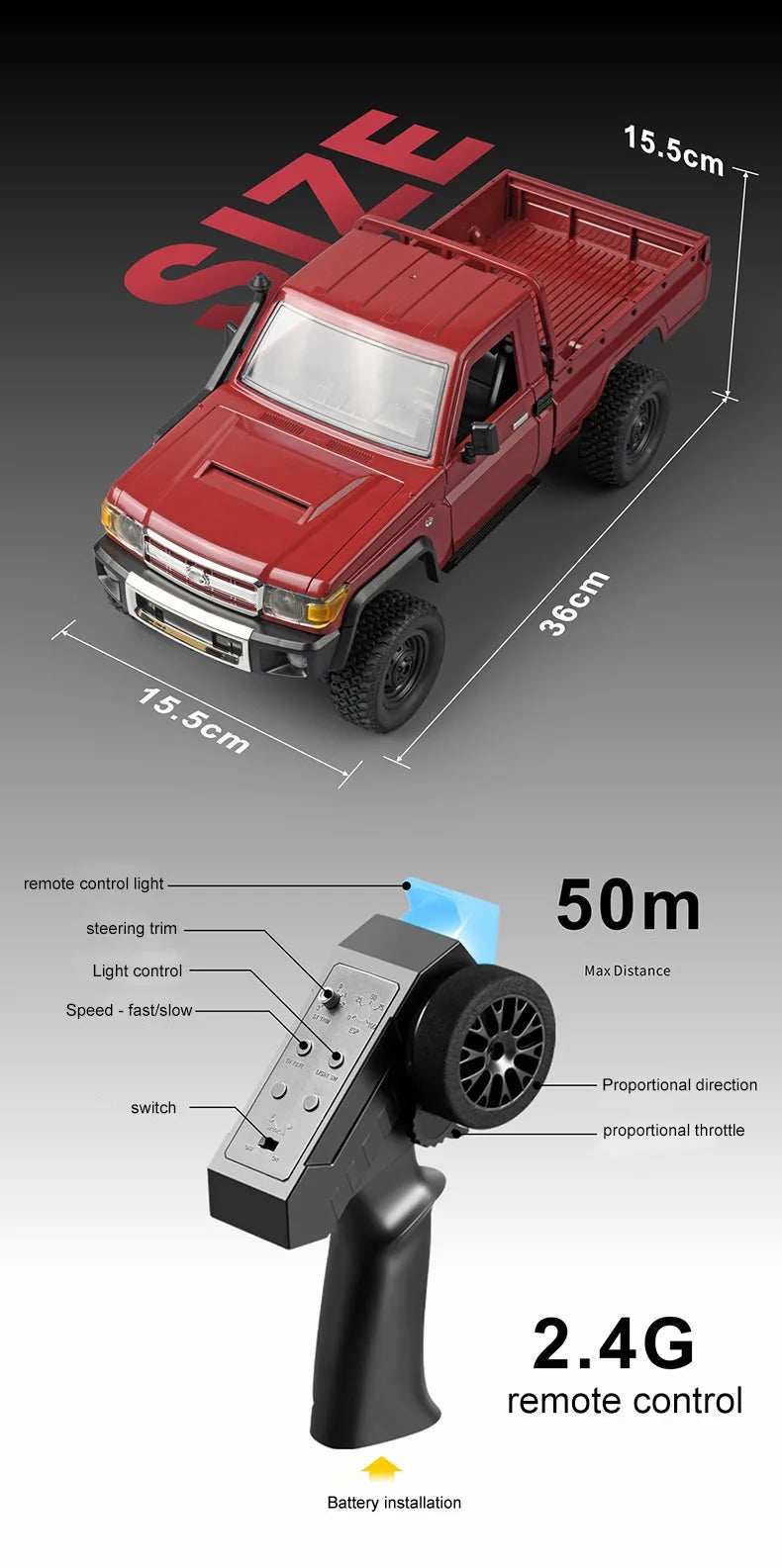 MN82 1:12 Scale 4WD RC Off-Road Crawler – 2.4G RTR Proportional Remote Control Car