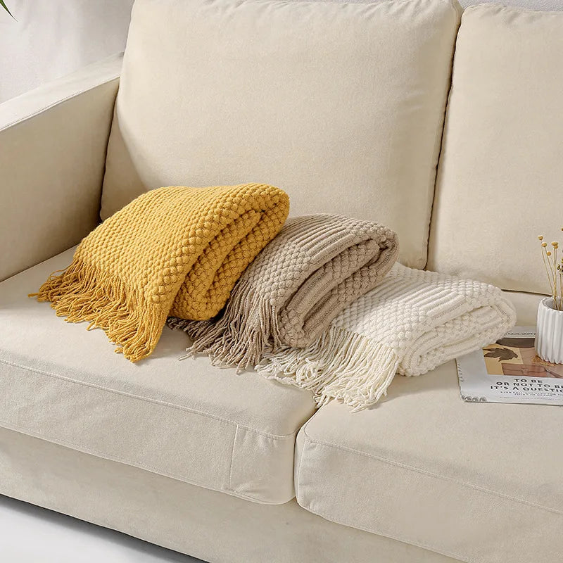 Knitted Acrylic Throw Blanket with Tassels – Chunky Farmhouse Style, 28 Colors & 2 Sizes