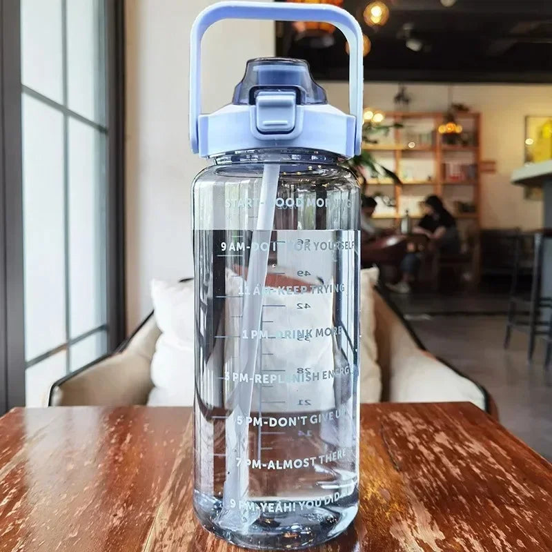 2L Large Capacity Motivational Water Bottle with Straw & Time Marker – BPA-Free Portable Fitness Bottle