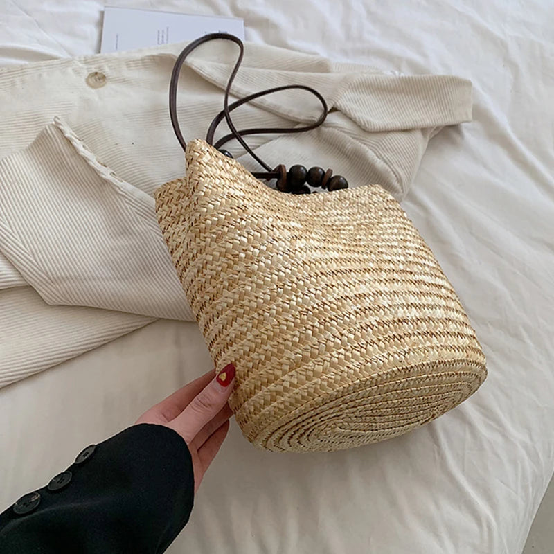 Handmade Straw Rattan Woven Tote Bag – Bohemian Beaded Summer Beach Shoulder Bag for Women