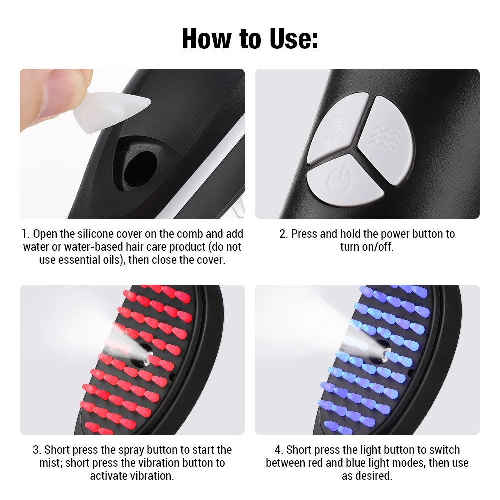 Electric Spray Scalp Massager Comb — LED Light & Mist Spray Hair Growth Device