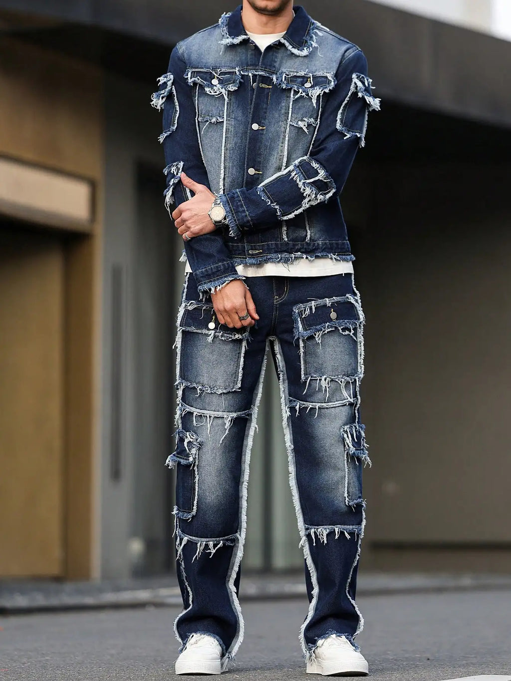 Men's Denim Suit & Wide Straight-Leg Pants Set – Multi-Pocket Spring Autumn Casual 2-Piece