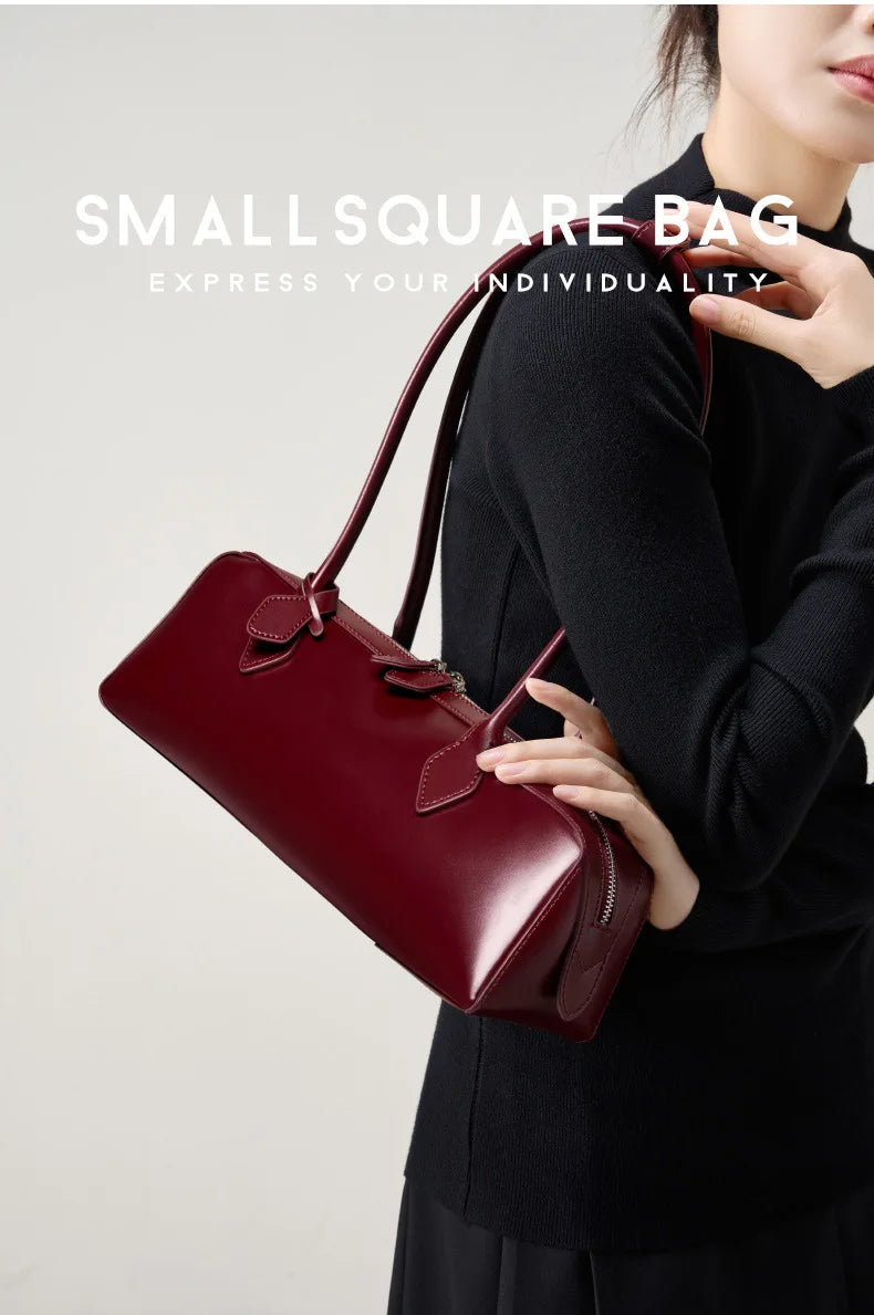 Vintage Genuine Leather Baguette Shoulder Bag – Korean Luxury Underarm Handbag for Women