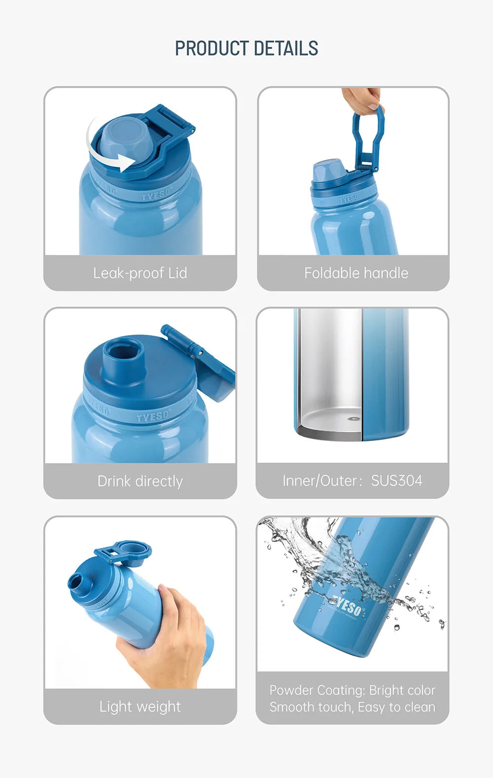 TYESO 304 SS Vacuum Thermos Bottle – Wide Mouth, Leakproof, 6–12Hr, 600–1200ml, 10+ Colors, Optional Cup Bag