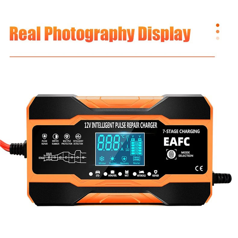 12V/24V Smart Battery Charger – 7-Stage Fast Charging & Pulse Repair for AGM, GEL, WET & Lead Acid Batteries