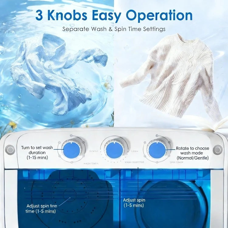 Portable Twin Tub Washing Machine & Spin Dryer — 16 lbs Compact Laundry Washer for Apartment, Dorm, RV & Camping