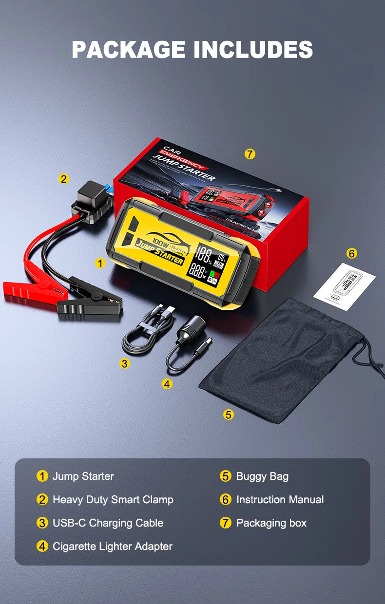 32000mAh Car Emergency Jump Starter — Portable Battery Booster with Power Bank