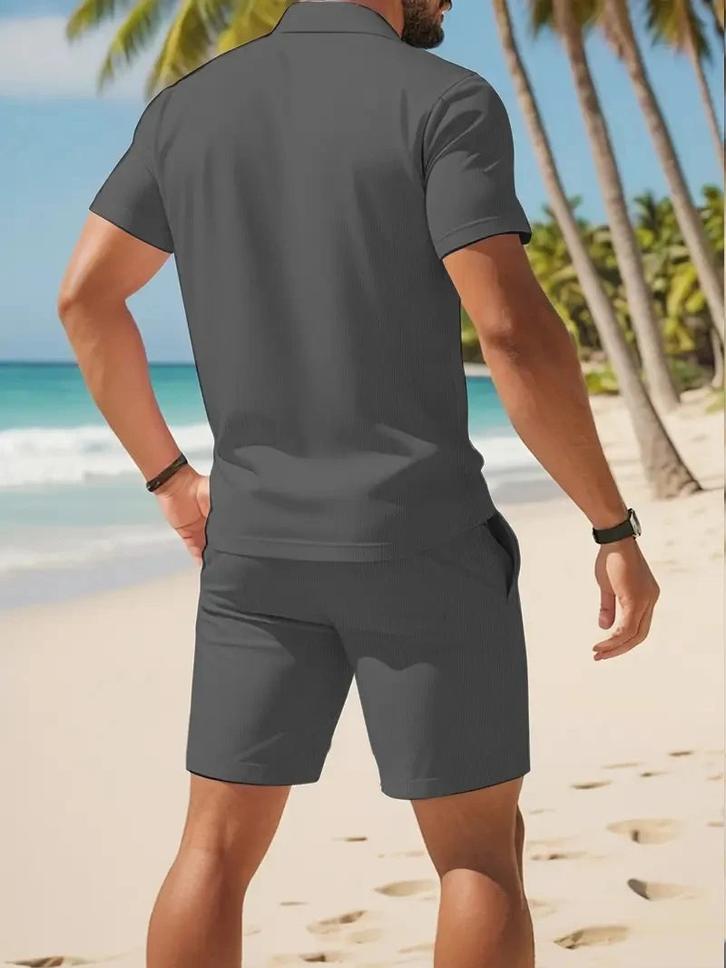 Men's Button-Down Polo Shirt & Breathable Mesh Shorts Set – Casual Versatile Summer Plus Size