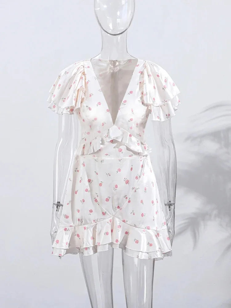 Women's Ruffled Floral Short Skirt – V-Neck Pleated Dress Shorts for Spring & Summer 2026