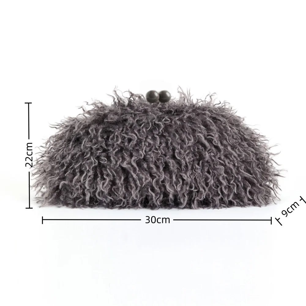 Kisslock Faux Fur Clutch Crossbody Bag — Winter Warm Chain Shoulder Bag with Frame Clasp