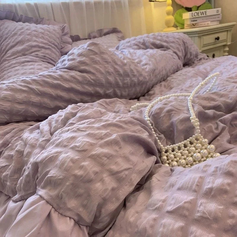 Girls Blue Seersucker Ruffle Bedding Set – Kawaii Soft Duvet Cover with Pillow Cases