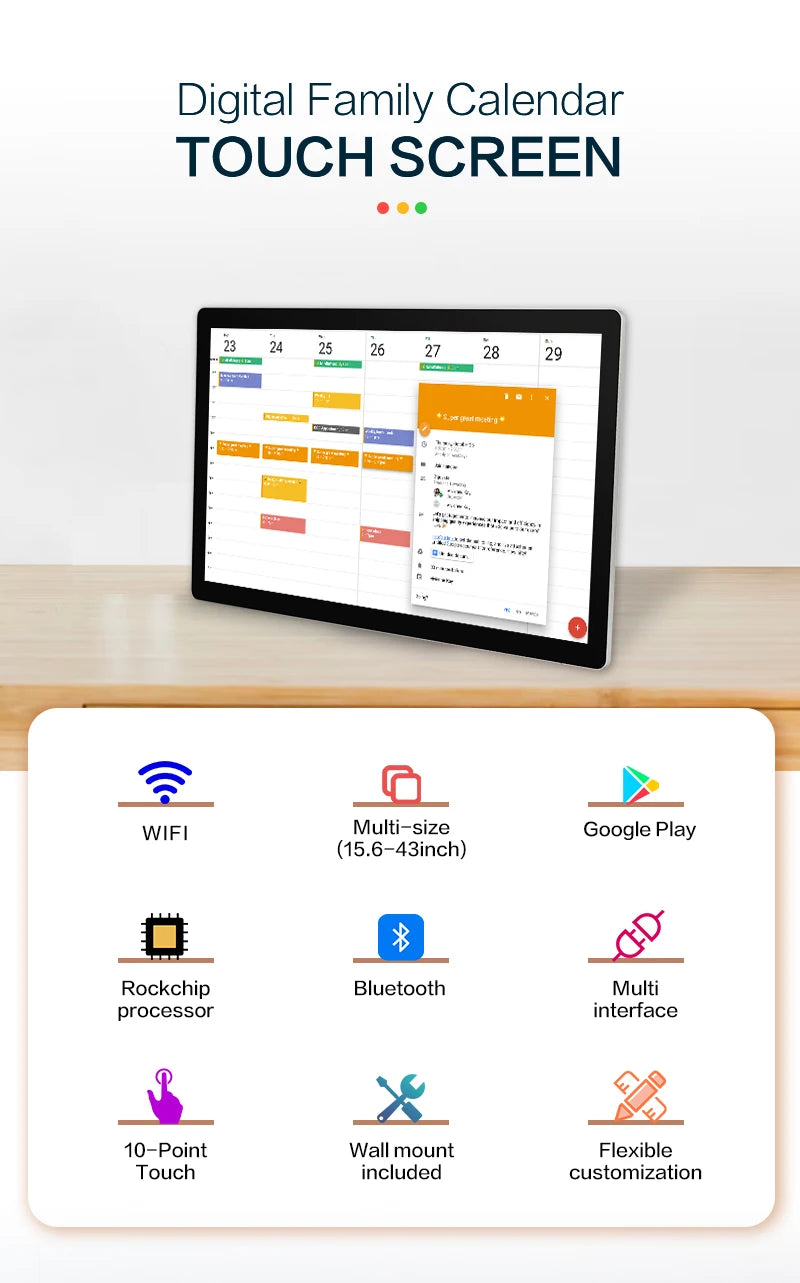 TouchWo Touchscreen Digital Calendar & Smart Display – 15.6" to 43", Android 11/12, 1080p